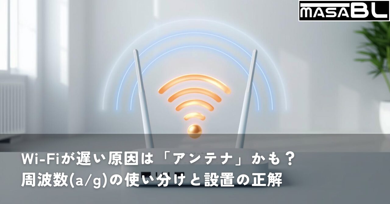 Wi-Fiルーターのアンテナから電波がドーナツ状に広がっているイメージイラスト。周波数帯域aとgの使い分けと設置方法を解説。