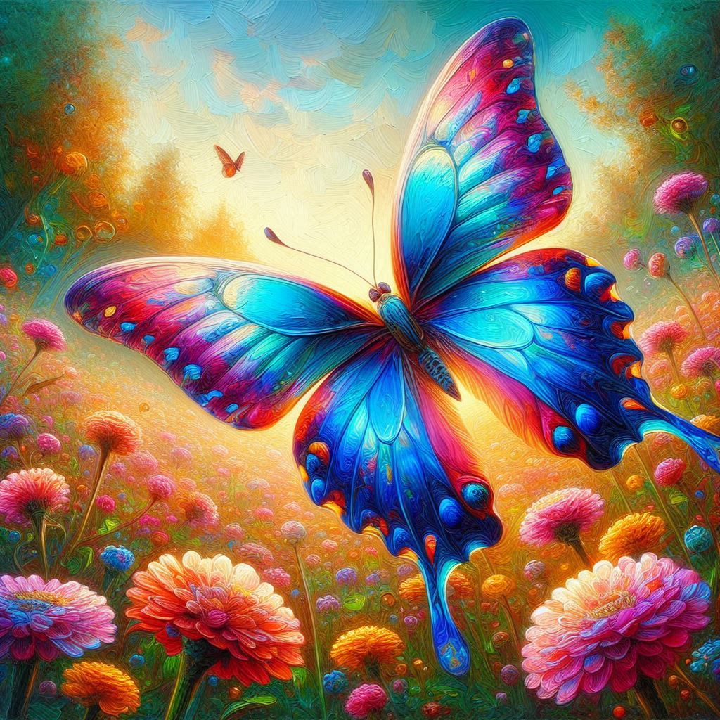 鮮やかな一羽の蝶が花畑を舞う、幻想的な油絵風の画像