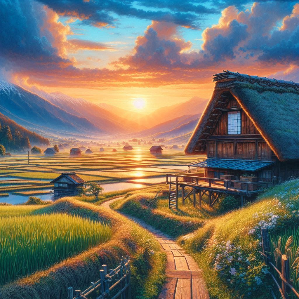 日本の田舎の美しい風景画、水田と茅葺き屋根の家、夕焼け空の画像