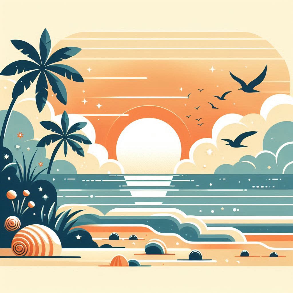 朝焼けの海岸線、ミニマリストでフラットなデザインのイラスト、波打ち際に小さな貝殻の画像