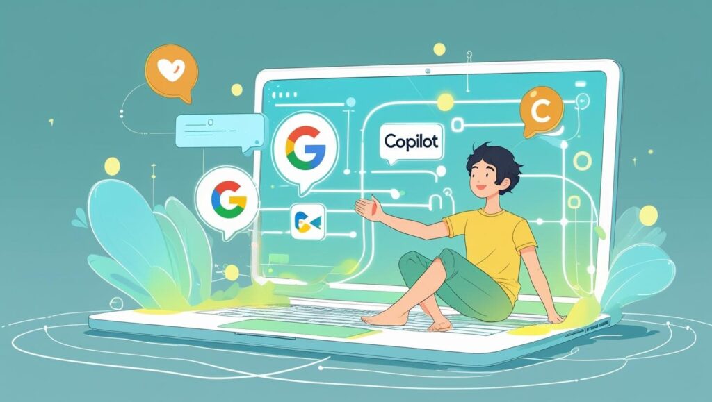 Googlei、Copilotなど、主要な生成AIツールを簡単に始められることを示すイラスト。ノートPCと親しみやすいAIインターフェース。