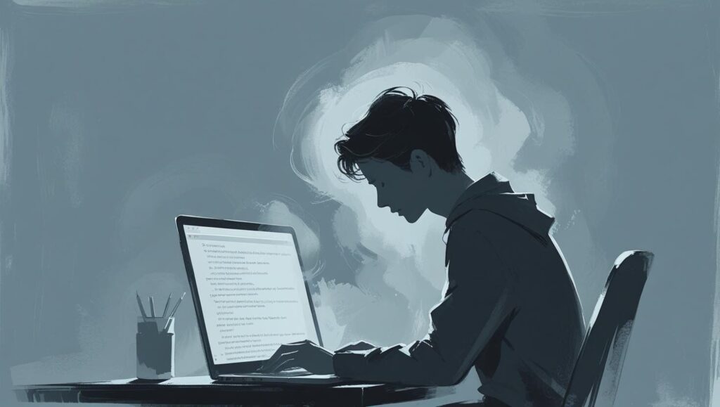 PCの前で、頭の周りにモヤがかかった状態で座っている人物の絵。思考がクリアでない脳疲労の状態を象徴している。