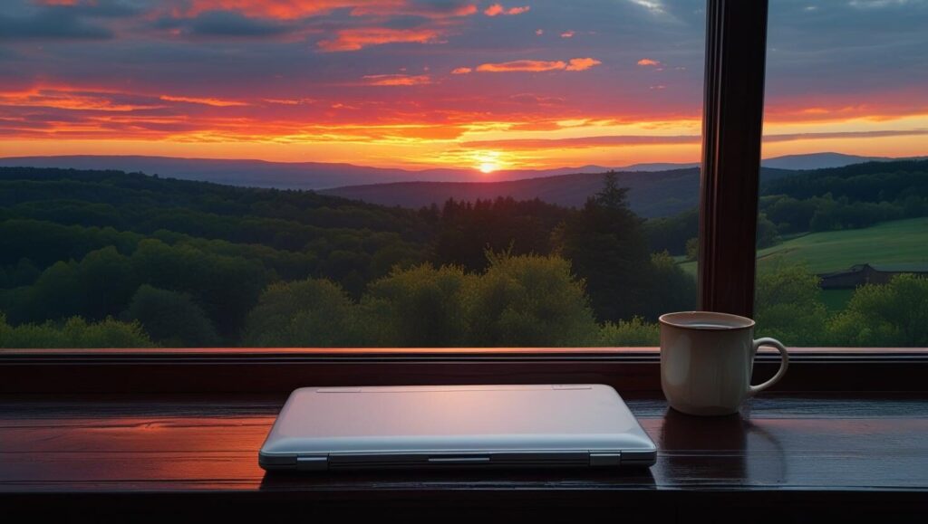PCを閉じ、マグカップを片手に窓の外の景色を眺めている穏やかな風景の写真。デジタルデトックスの準備が整った後の平和な時間。