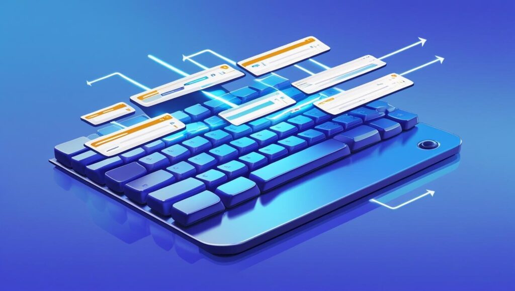 Chromeのショートカットキーによるタブ操作をイメージした画像。キーボードから伸びる光が、乱雑だったブラウザのタブをきれいに整列させている。