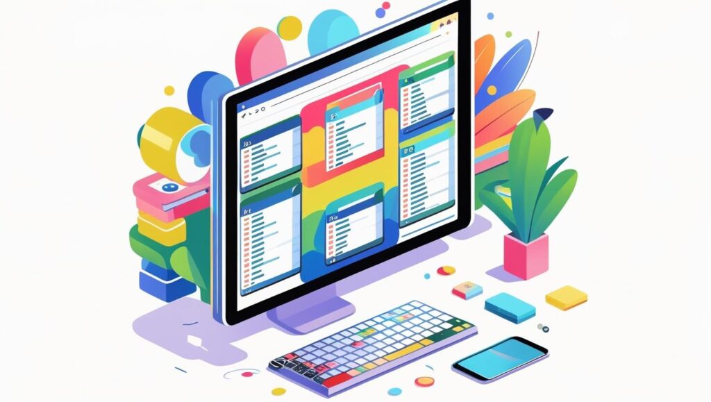 Chromeのタブグループ機能を使ったタブ整理術のイメージイラスト。散らかっていた多数のブラウザタブが、色分けされたフォルダにスッキリとまとめられている様子。