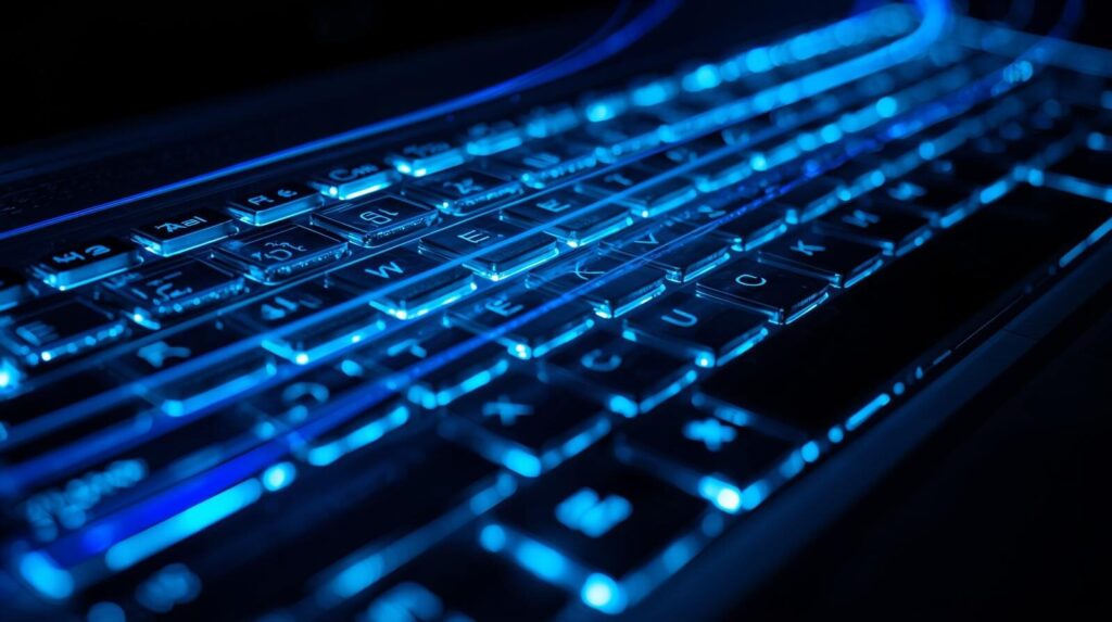 青い光の軌跡が走るキーボードのイメージ。Windowsのショートカットキーを活用して作業効率を上げている様子。