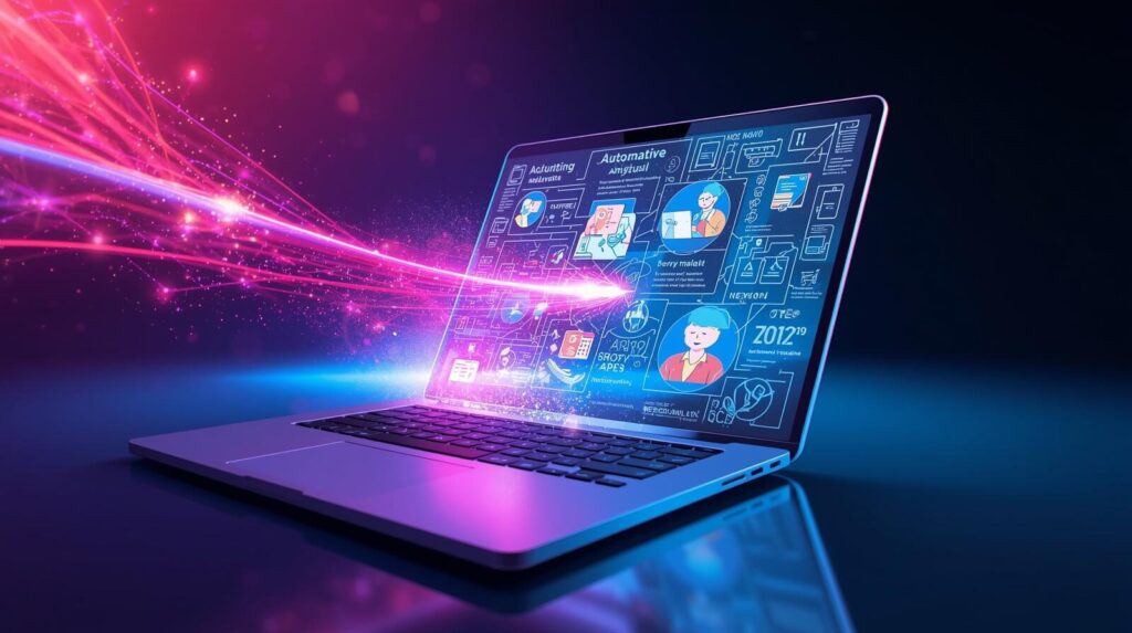 Windowsの応用機能で、PC操作の記録や画像からの文字起こしを自動化するイメージ画像。画面上の操作が自動的に分かりやすいマニュアルに変換され、情報共有がスムーズになる様子。