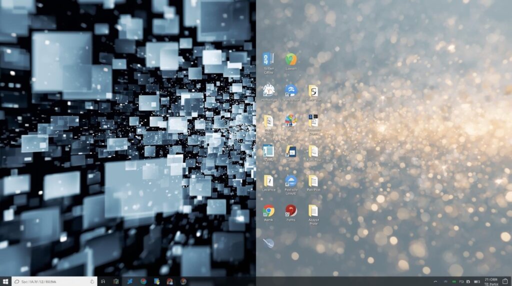 Windowsの基本機能を使って、散らかったPCデスクトップを整理し、作業効率を上げるイメージ画像。仮想デスクトップや集中モードにより、快適な作業環境が実現する様子。