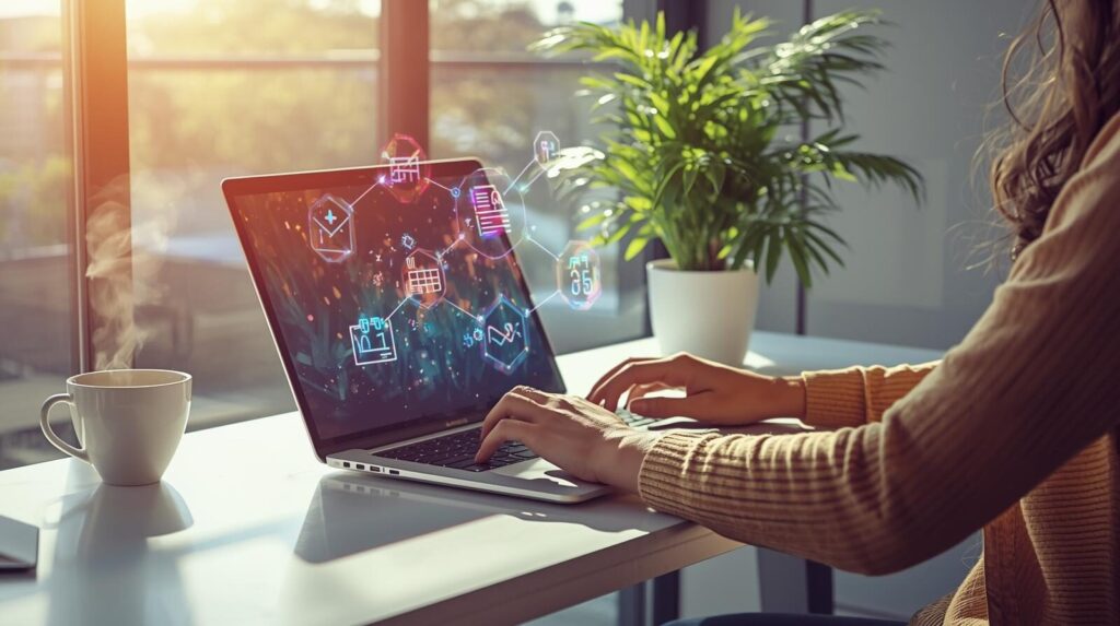 Windowsの隠れた便利機能をマスターし、PC作業が快適かつ効率的になった様子を表現したイメージ画像。自信を持ってスマートにPCを操作する人物が描かれ、生産性が向上した未来を象徴している。