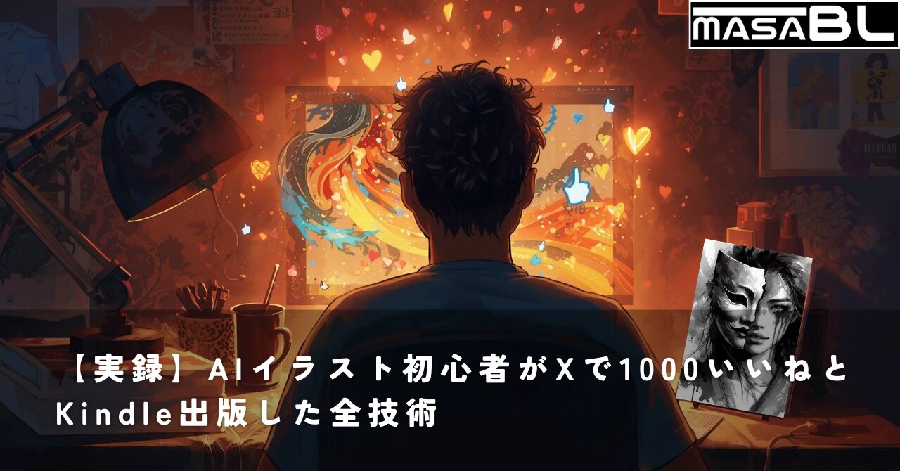 AIイラスト初心者がXで1000いいねを獲得し、Kindle出版を成し遂げた成功の道のりを象徴するアイキャッチ画像。PCでの創作活動が、SNSでの反響を経て一冊の本という形になる、希望に満ちた創造の旅路が描かれている。