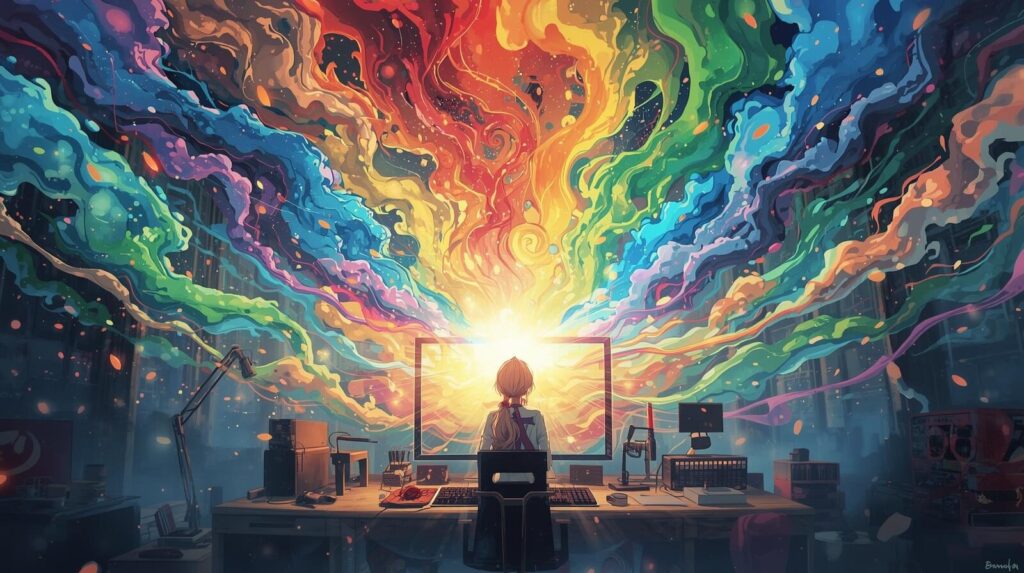 木の机の上に、美しいアニメキャラクターが表紙になった本が置かれている。その本の上からスポットライトのような光が当たり、キラキラと輝いている。達成感と満足感のある雰囲気、暖色系の照明。