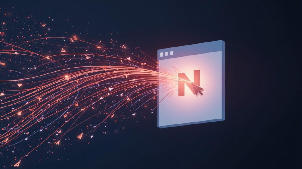 Webブラウザの画面から光る情報が流れ出し、Nのロゴアイコンに次々と吸い込まれていく様子の3Dイラスト。Webクリッパー機能を使って、ワンクリックで情報を自動的に収集・整理できる便利さを表現している。