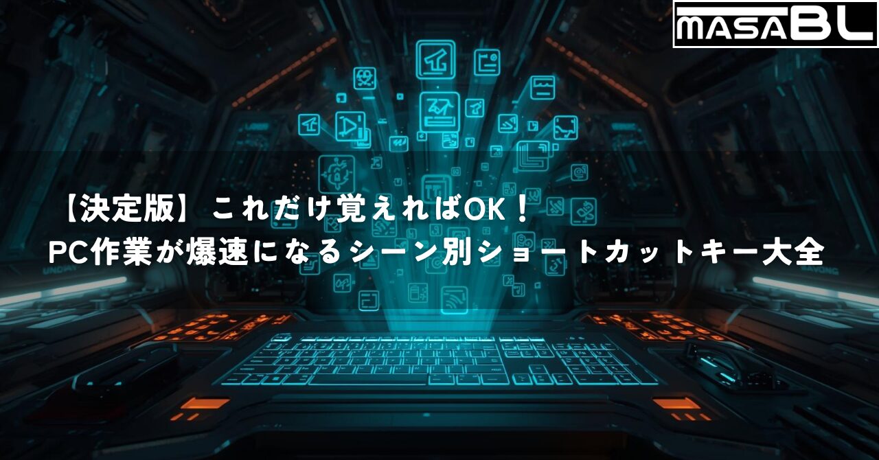 PC作業を爆速化するショートカットキー大全のイメージ画像。未来的なキーボードからショートカットキーのアイコンがホログラムとして浮かび上がっており、この記事で紹介する知識を習得し、PC作業を自在にコントロールできる未来を象徴している。