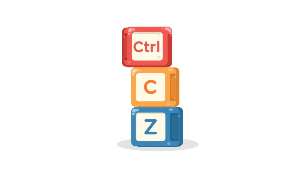PCの基本的なショートカットキーを象徴するイラスト。「Ctrl」「C」「V」「Z」と書かれた積み木が土台のように積まれており、まず覚えるべき必須操作であることを示している。
