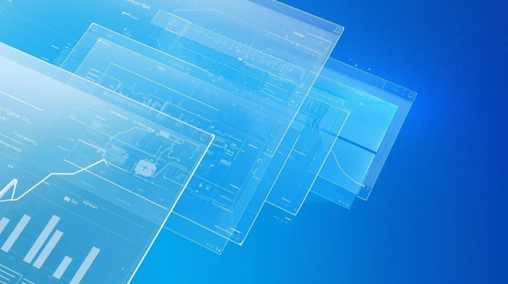 Windows OSでのウィンドウとファイル操作を効率化するイメージイラスト。複数のウィンドウやフォルダが整然と並べられており、ショートカットキーによる快適なPC作業を象徴している。