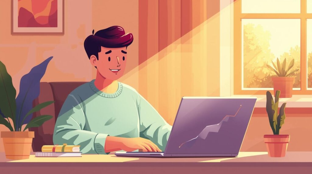 PCのメンテナンスを終え、サクサク快適に動くようになったパソコンの前で、満足げに微笑む人物を描いたイラスト。