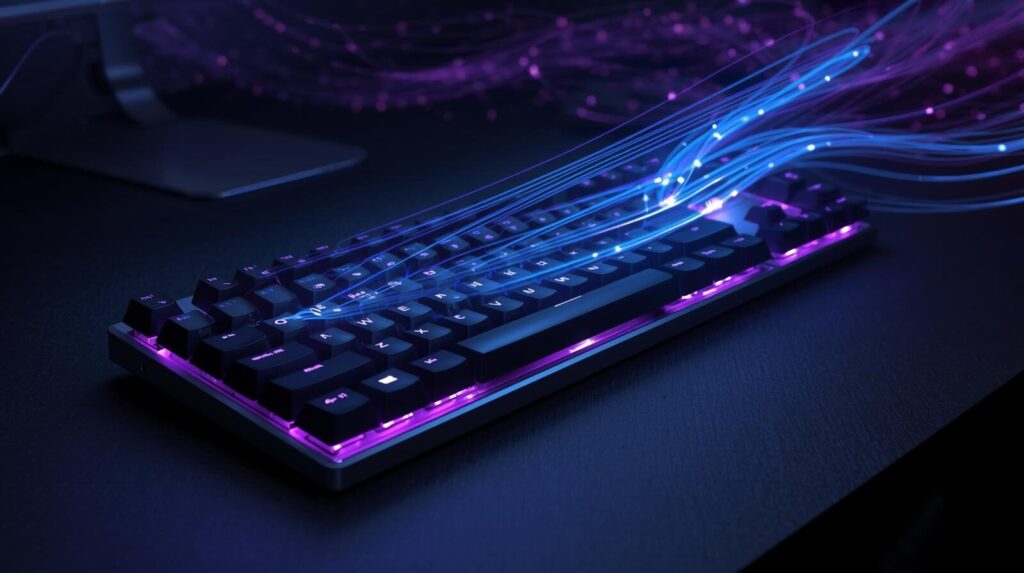 PC作業を効率化する上級者向けショートカットキーをイメージした、光り輝くキーボードとデジタルエフェクトの近未来的なアイキャッチ画像