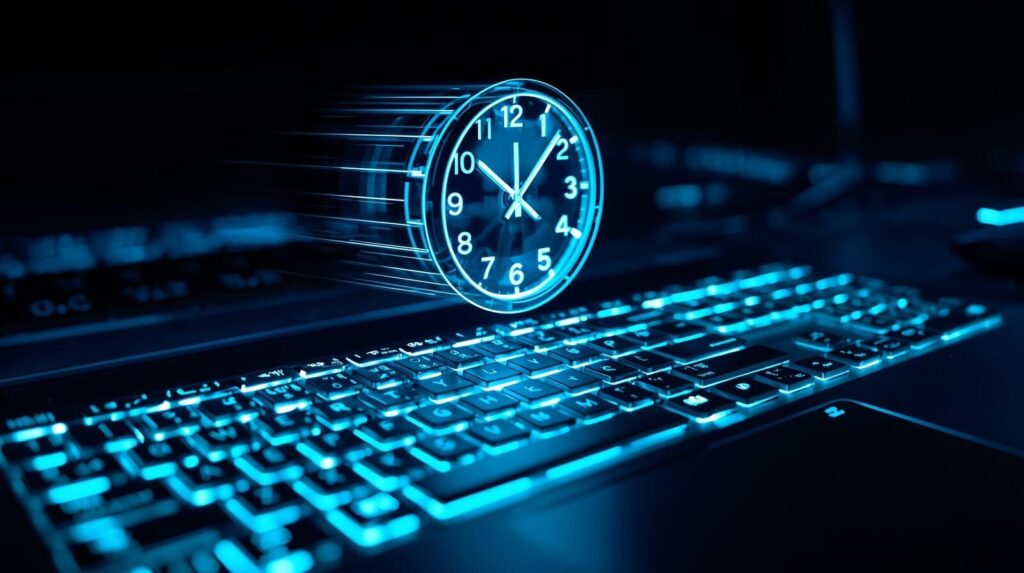 キーボードの操作によって加速する時間と、節約された時間を表現したデジタルイメージ。ショートカットキーによる時短効果を象徴する画像。