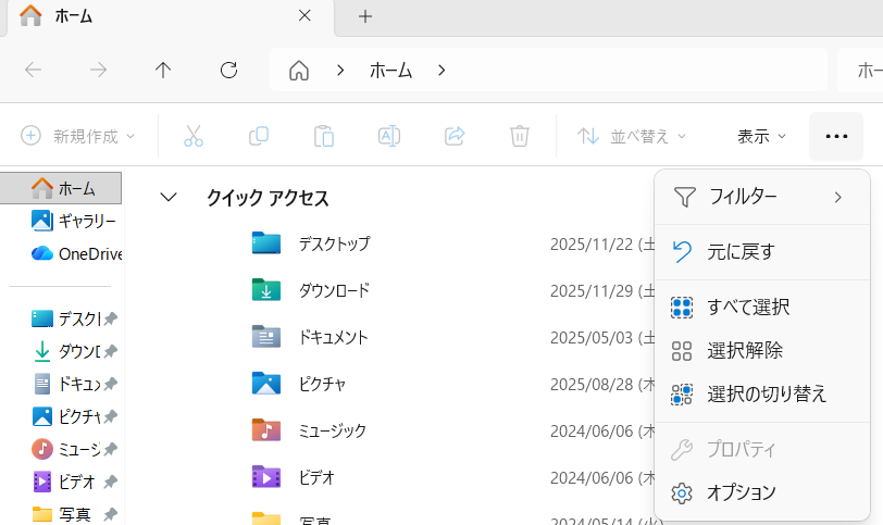 エクスプローラー画面上部にある「・・・」(三点リーダー)>オプション