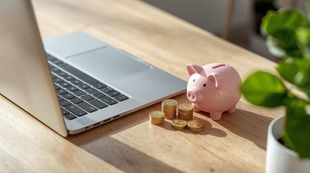 デスクに置かれたノートパソコンと貯金箱。高価なライセンス料を払わずにOfficeソフトを無料で賢く利用するイメージ。
