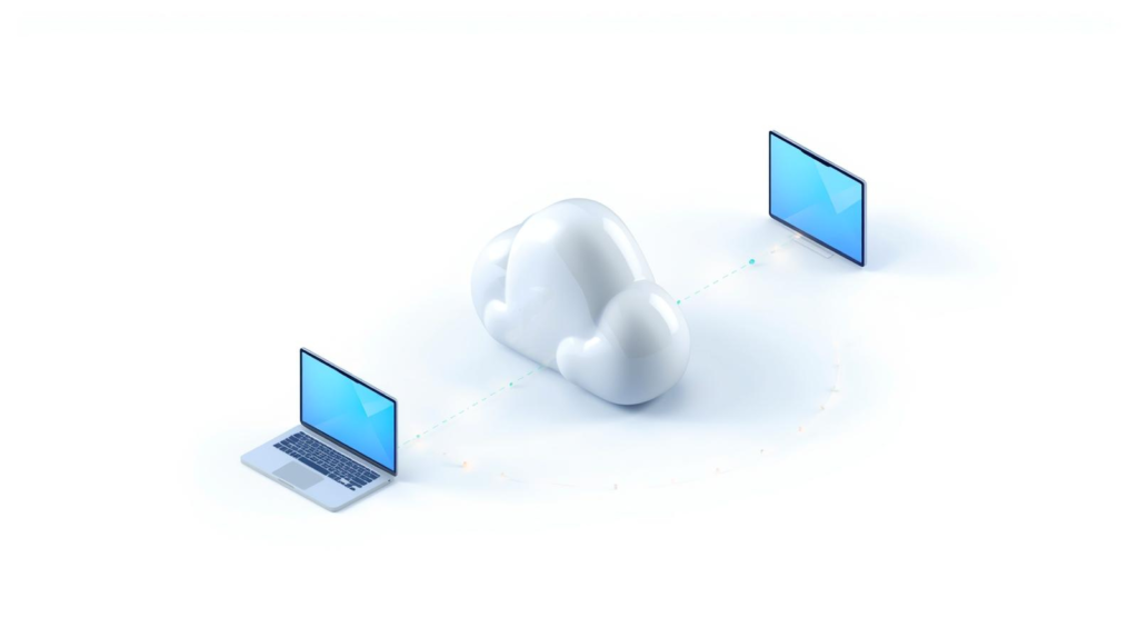 パソコンやタブレットがクラウドに接続されているイメージイラスト。インストール不要でブラウザからアクセスできるMicrosoft 365無料版の仕組み。
