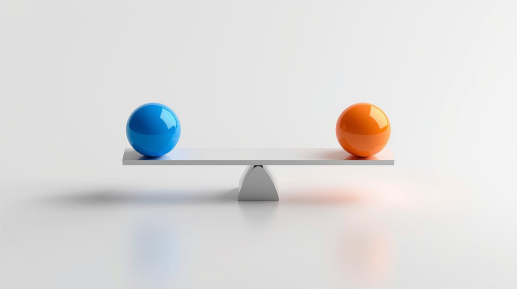 メリットとデメリットを比較検討している天秤の3Dイラスト。Microsoft 365無料版の良い点と注意点のバランス解説。
