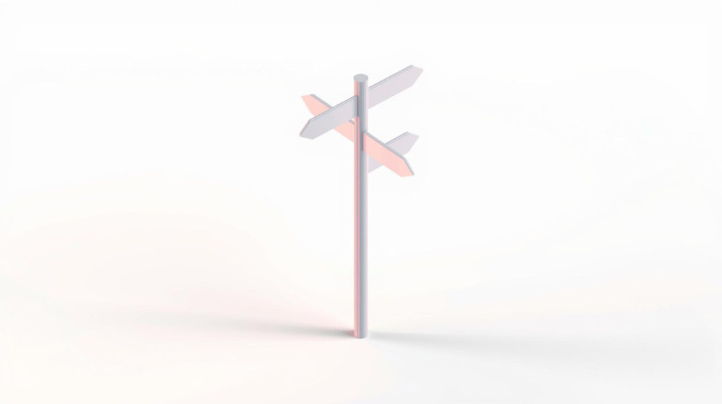 3方向を指す道標の3Dイラスト。自分に合ったOfficeソフトやGoogleアプリを選ぶための分岐点と判断基準のイメージ。
