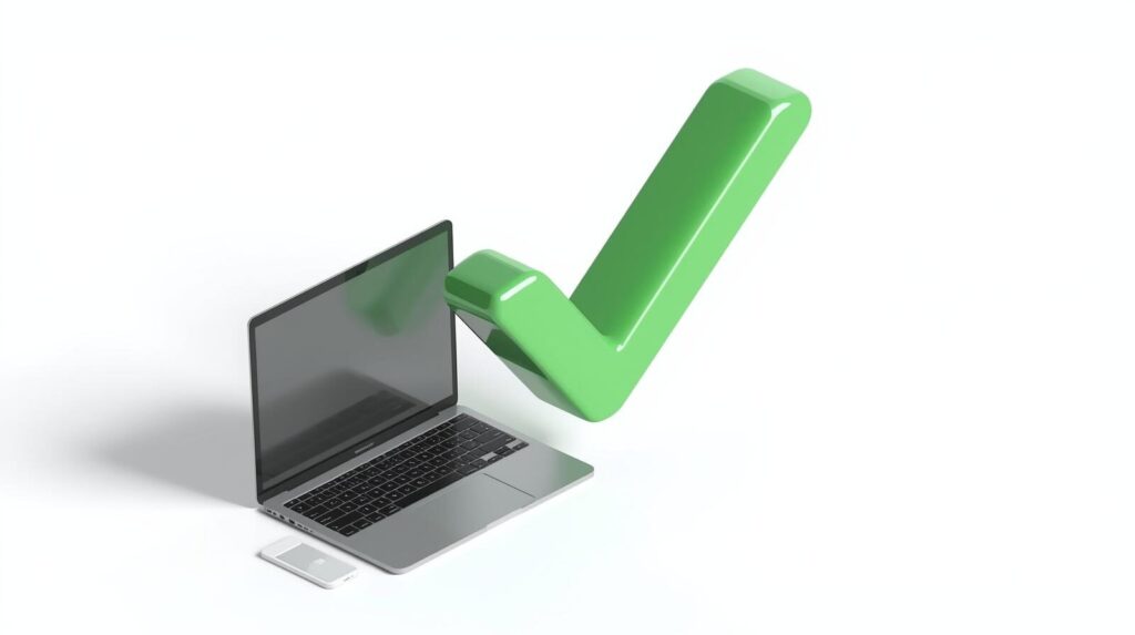 ノートパソコンとチェックマークの3Dイラスト。WordやExcelの利用コストに関する悩みが解決し、最適なツールが見つかったイメージ。
