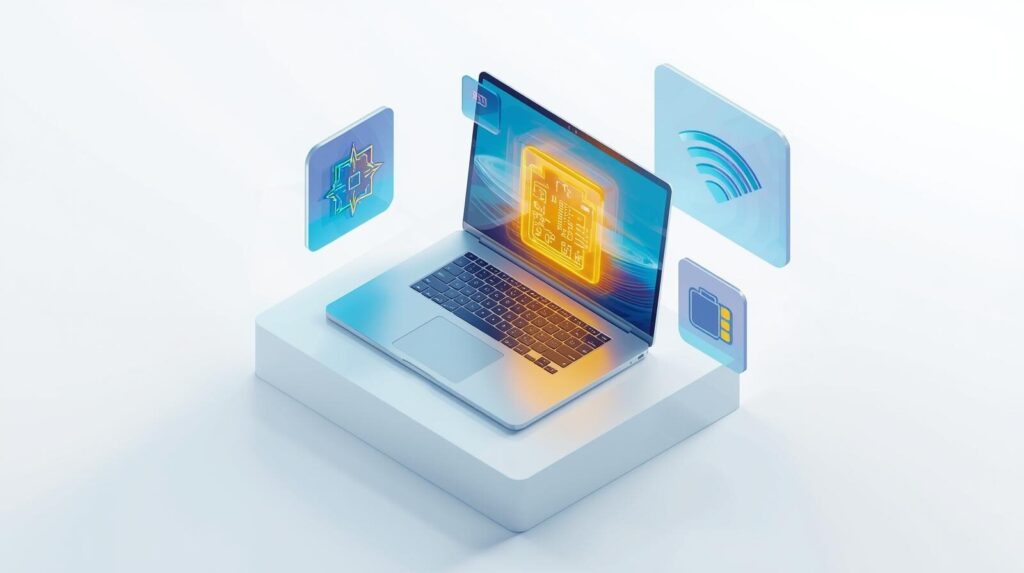 ノートパソコンとCPU・SSD・バッテリーのアイコンが浮いているイラスト。初心者向けのPCスペック選び方ガイド。
