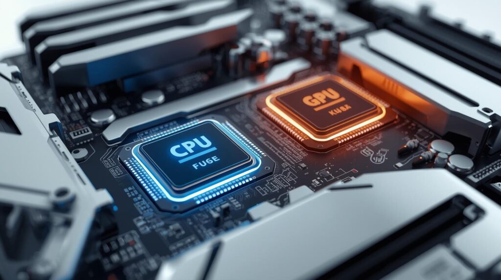 パソコンのマザーボード上に並ぶCPUとGPUのイメージ図。青とオレンジの光でそれぞれの役割の違いを表現。
