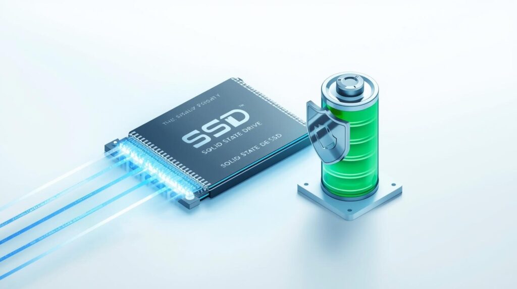 SSDによる高速なデータ処理と、最適化された長持ちバッテリーを表現したイメージ
