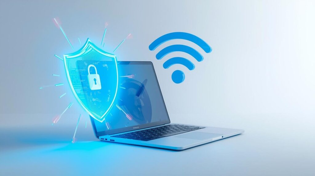 Wi-Fiの電波とセキュリティの盾で守られたパソコンのイメージ。安全で快適な通信環境の構築。
