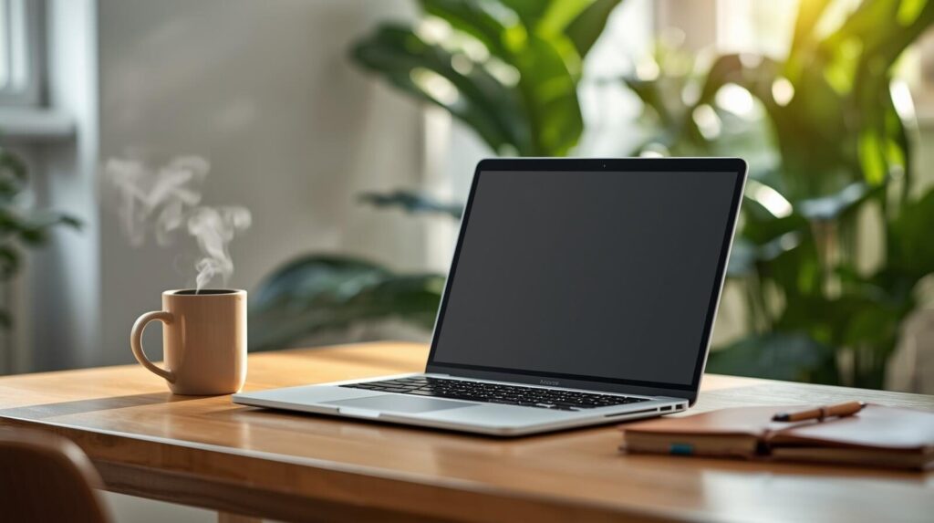 自然光が差し込む明るいデスクで快適に動作するノートパソコン。スペック選びに成功した後のストレスフリーなPCライフのイメージ。
