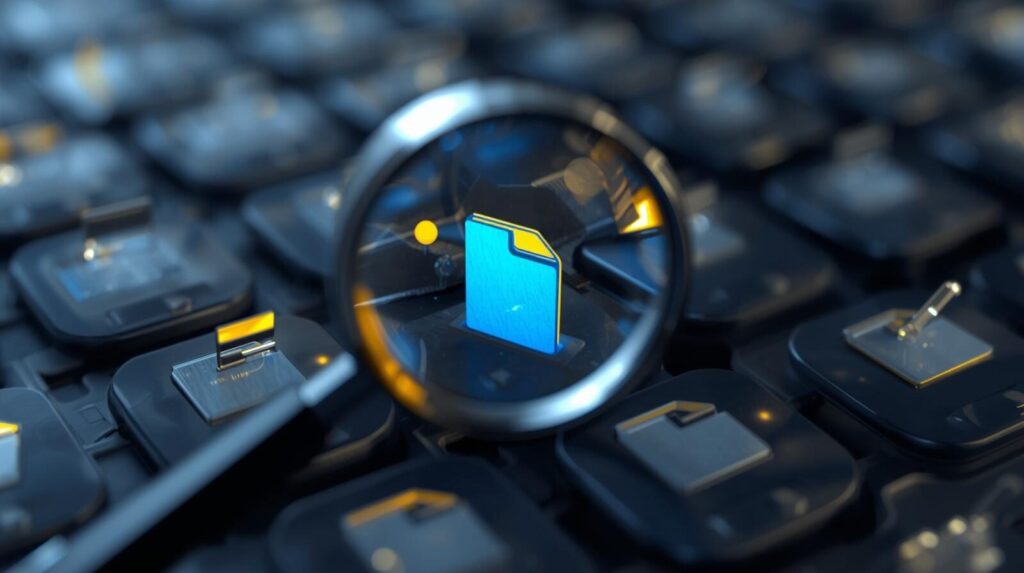 Windowsの検索機能を活用し、膨大なデータの中から目的のファイルを瞬時に見つけ出すイメージ