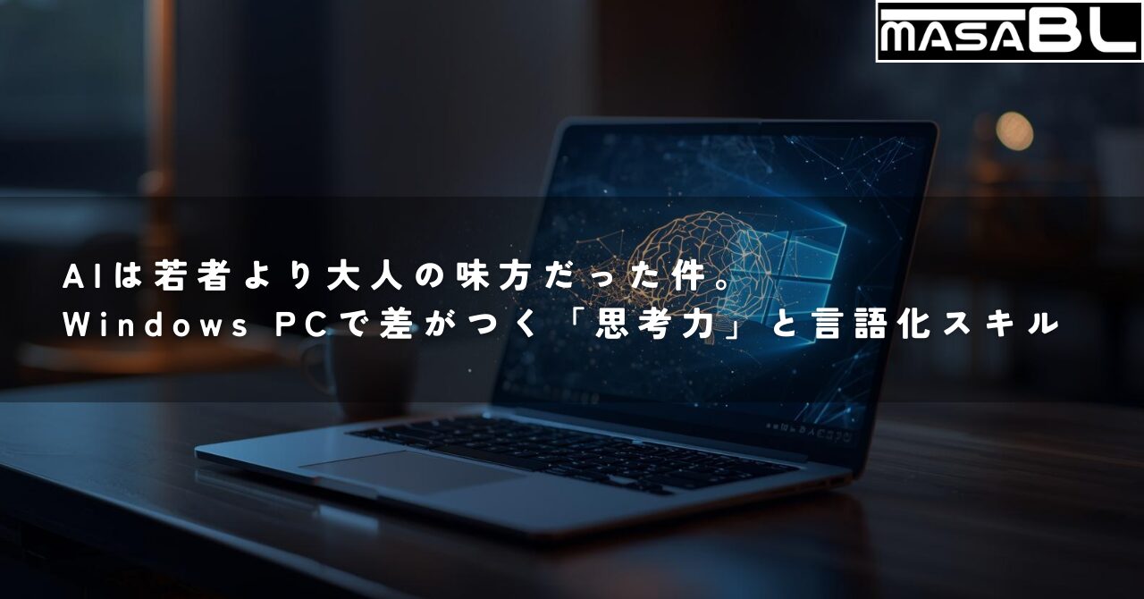 デスクに置かれたWindowsノートパソコンと、画面から広がるAIと思考を表す知的な光のイメージ。