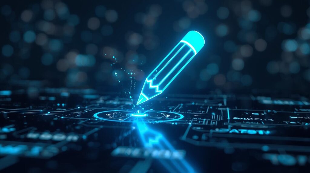 デジタル空間に浮かび上がる光る編集アイコン。AIとのチャット履歴を修正し、最適化するプロンプト・リライト術のイメージ。