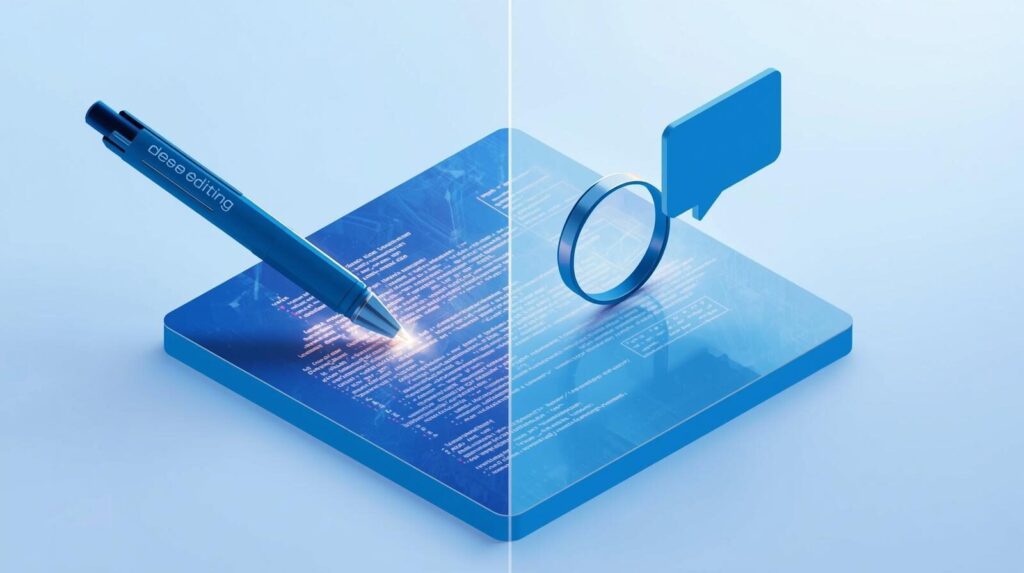 文章を推敲するペンと、情報を探す虫眼鏡が並んでおり、AIツールの用途別使い分けを表したイメージ