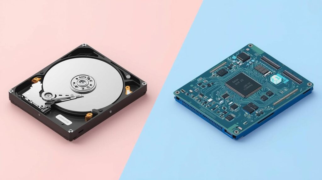 HDDの磁気ディスク構造とSSDのメモリーチップ構造を比較した画像