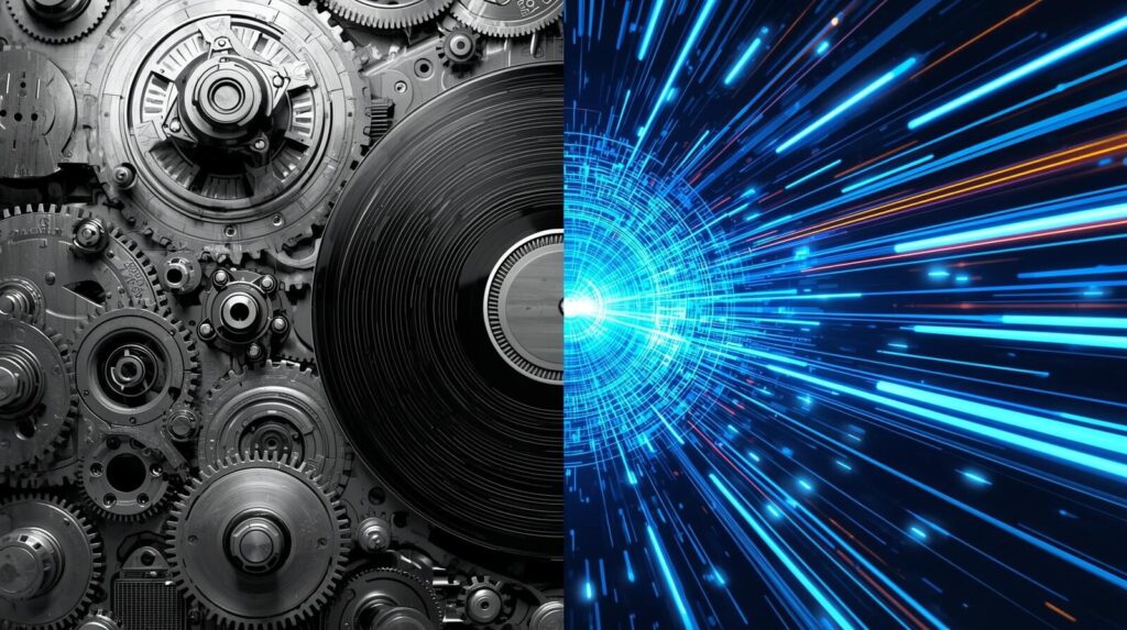 アナログでゆっくり動くHDDと、光の速さで動作するSSDの速度比較イメージ図