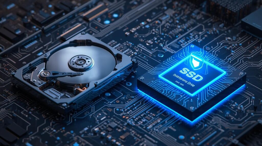 衝撃に強く故障リスクが低いSSDと、精密なHDDの耐久性を比較したイメージイラスト