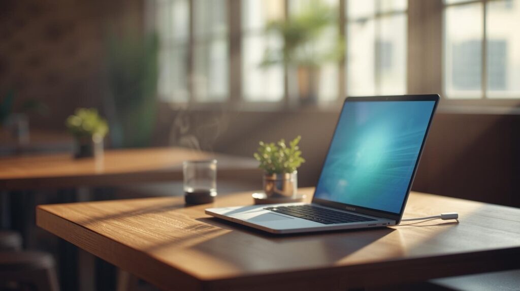 カフェのテーブルで充電ケーブルを外して置かれたノートパソコンとコーヒー