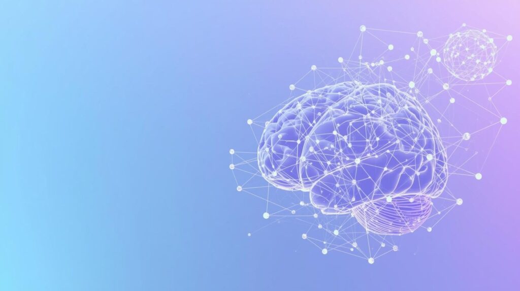 青と紫のグラデーションで描かれた、脳の神経回路のようなデジタルネットワークの抽象画