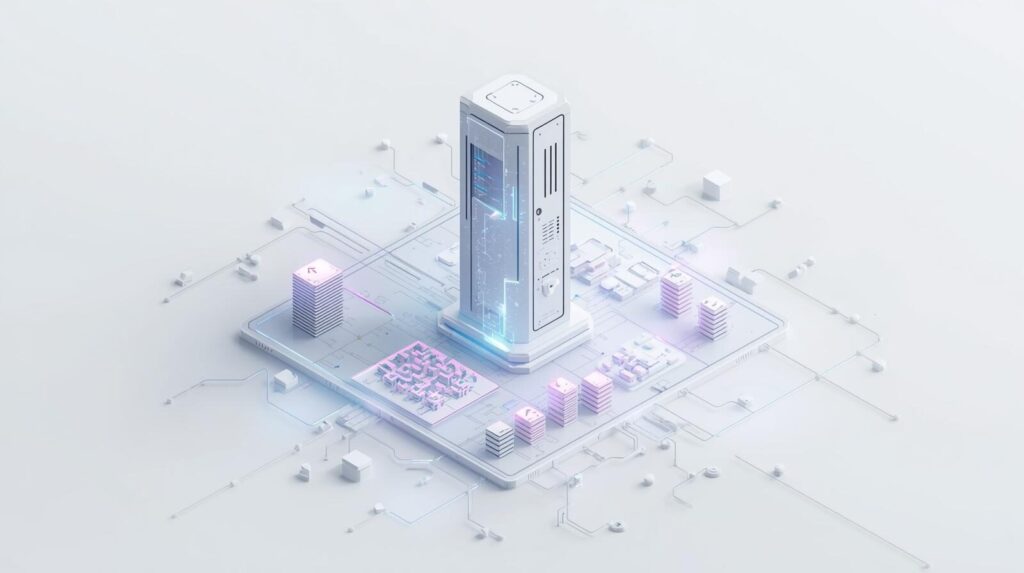 散らばったデータを整理・統制している近未来的なデジタル司令塔のイラスト。Notionによる情報の集約とタスク管理の効率化を表現。