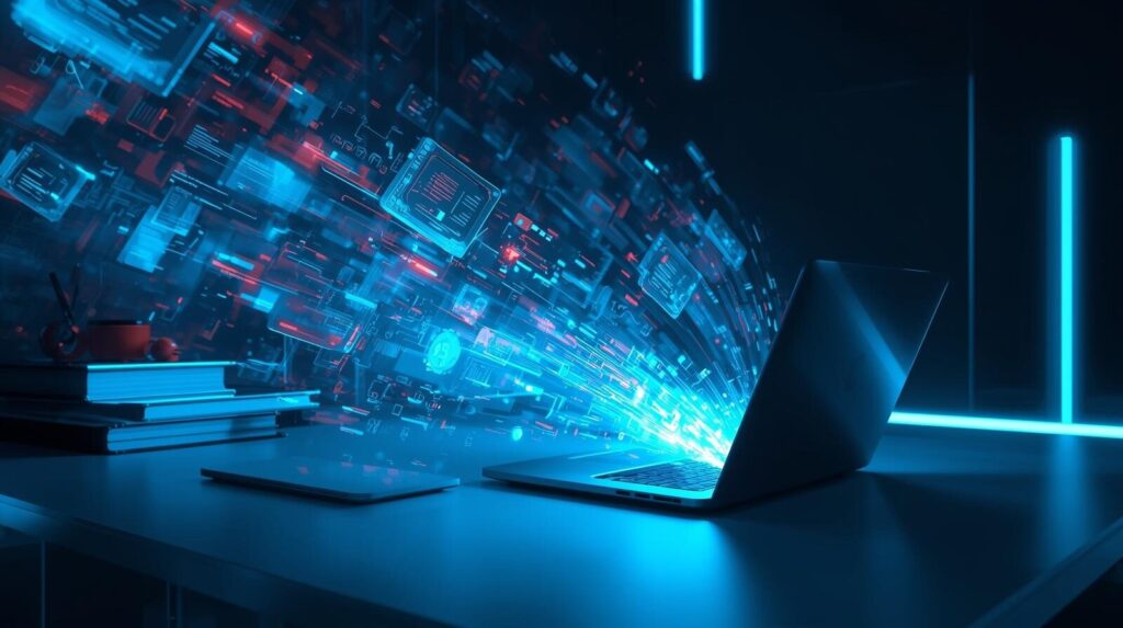 AIツールを活用して、大量の書籍やWeb情報を効率的にPCへ取り込み、整理しているイメージイラスト