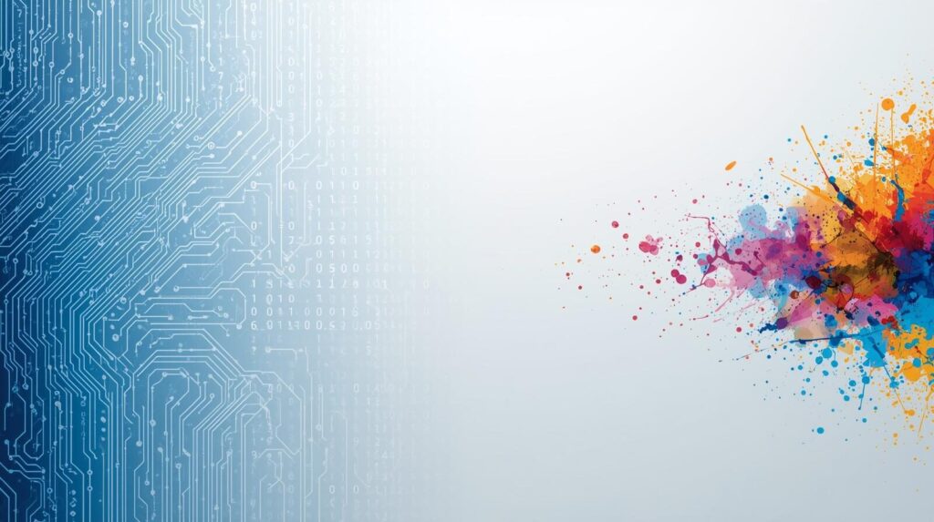 デジタルな電子回路が鮮やかな水彩画のアートへと変化していく抽象的な背景画像。AIによる翻訳とクリエイティブ生成の融合を表現。