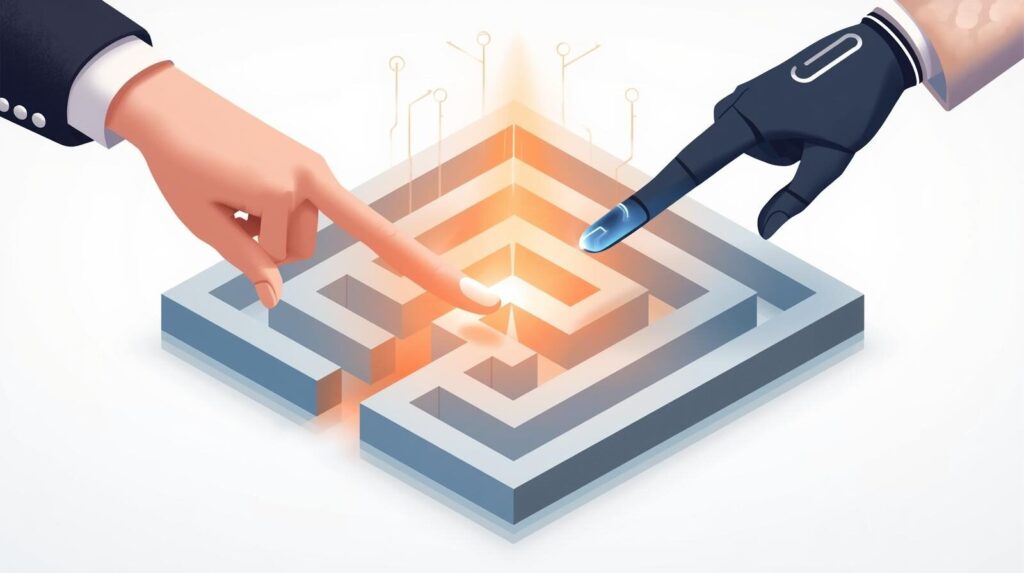 迷路のゴールを指差す人間とAIの手。AIの誤情報を修正しながら共に正解を目指すプロセスを表現したイラスト。