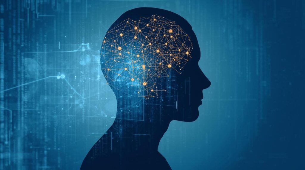 人間の脳内にある思考回路がデジタル空間とリンクしているイメージ図。AI格差は思考力の差であることを象徴。
