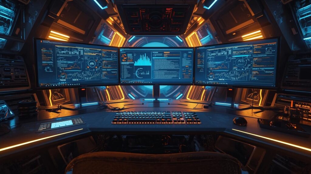 複数のモニターとキーボードが配置され、まるでコックピットのように整えられたPCデスク環境。Windows PCが思考の司令塔であることを表現。
