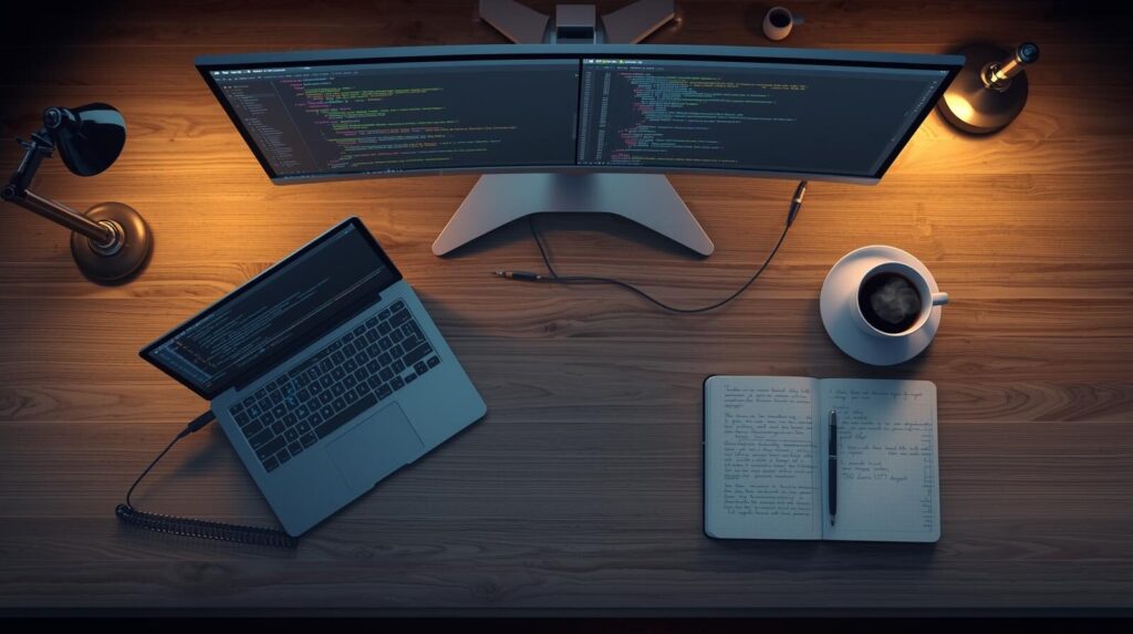 デュアルモニターで左にAI、右にメモ帳を開いて作業するデスクの様子。Windows PCでの効率的なワークフローをイメージ。
