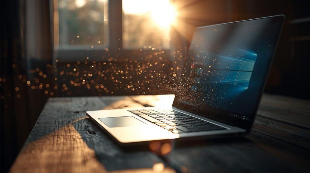 朝日に照らされたノートPCと、画面から溢れる光のイメージ。経験豊富な大人の思考力がWindows PCとAIによって拡張され、新しい可能性が開けていく様子。
